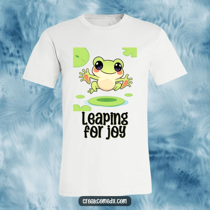 Funny t-shirt featuring a cute frog character mid-leap between lily pads, conveying pure joy and movement.