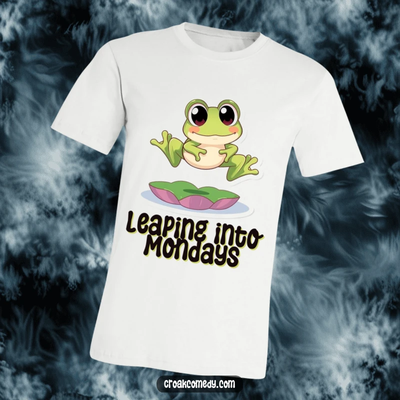 Funny T-Shirt: A cute frog with big, round eyes mid-leap over a lily pad, embodying excitement and a humorous, active spirit.