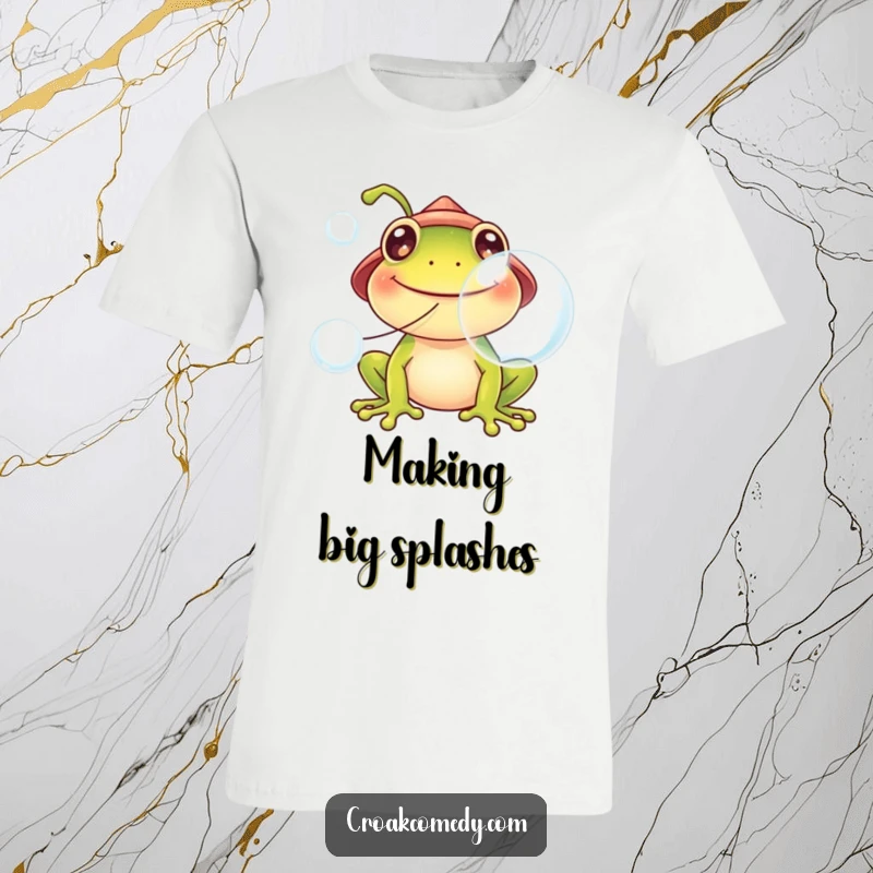 Funny frog t-shirt, wearing a small hat, blowing big, shimmering bubbles, radiating happiness and lightheartedness.