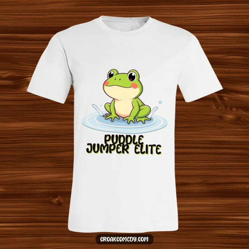 Funny frog caught mid-splash in a puddle, looking gleeful and full of life. A humorous t-shirt celebrating playful moments.
