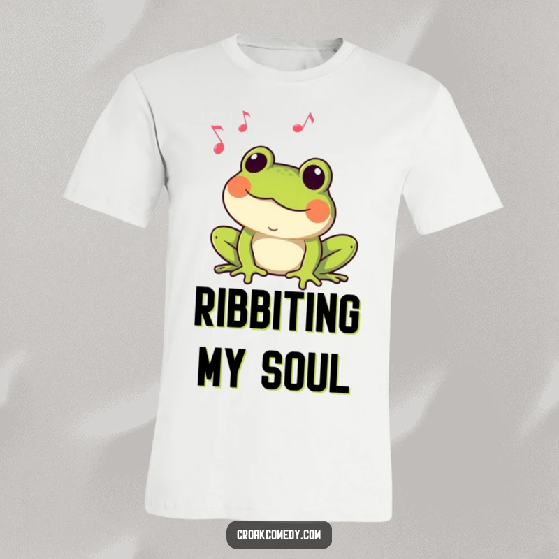 Funny Frog T-Shirt: A happy frog croaking with musical notes overhead, radiating pure musical joy and humor.