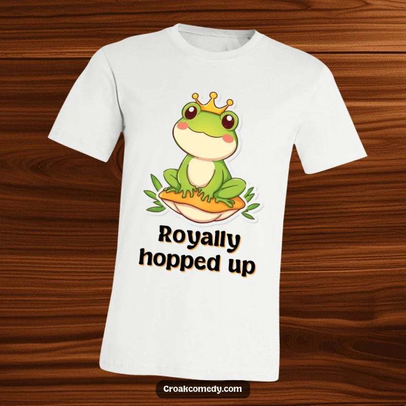 Funny frog with a tiny crown sits happily atop a mushroom in this humorous and regal t-shirt design.
