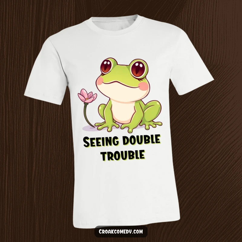 Funny Frog T-Shirt: A frog with crossed eyes gazing at a floating flower petal, capturing a moment of whimsical distraction.
