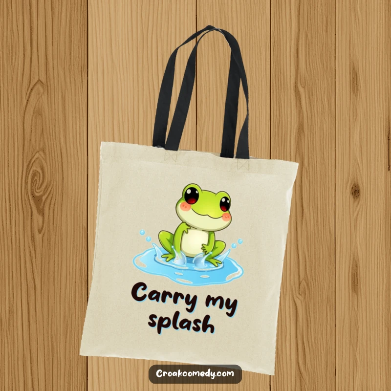 Funny Tote Bag with a playful frog character splashing in a bright blue puddle, perfect for carrying essentials.