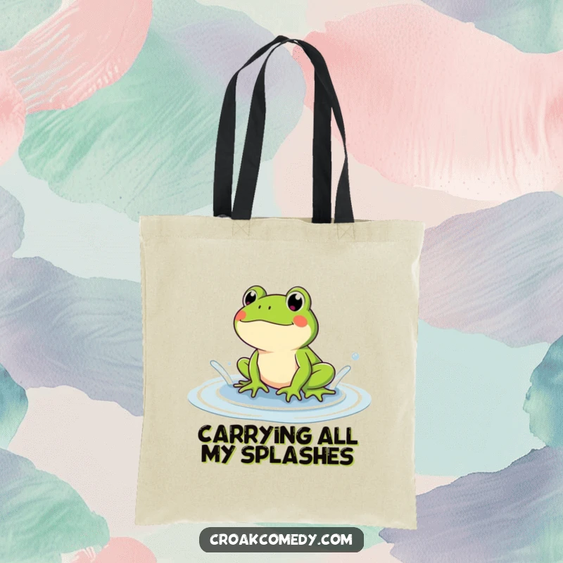 Funny frog tote bag shows a happy amphibian splashing in a puddle. A humorous and practical gift.