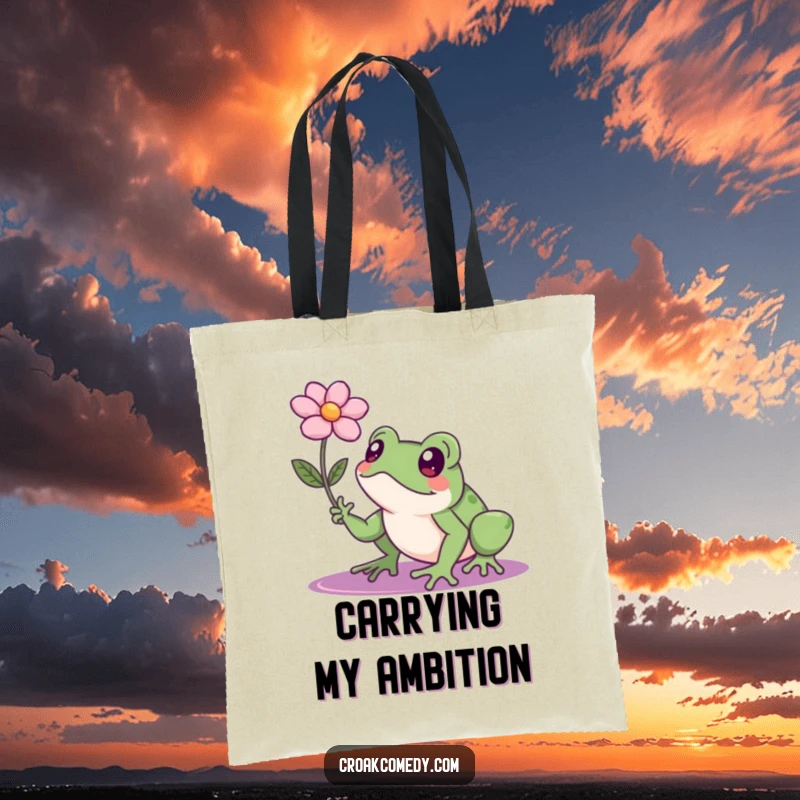 Funny frog with a serious look striving to grab a floating flower, a humorous tote bag for carrying dreams and necessities.