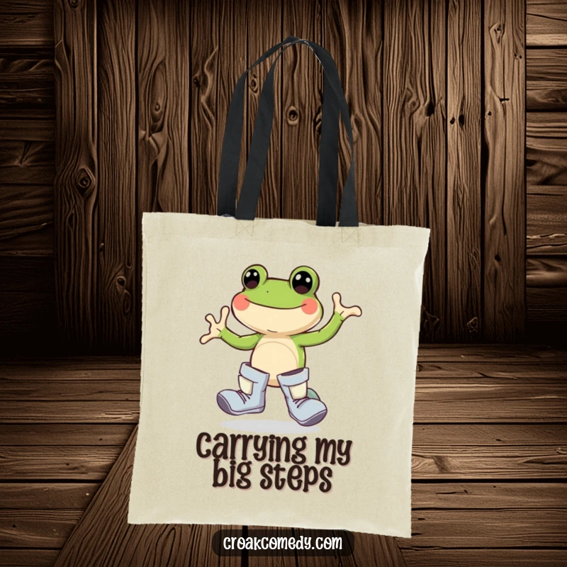 Funny frog tote bag, oversized boots, joyful hopping, amphibian accessory, nature lover carrier, cute cartoon bag.