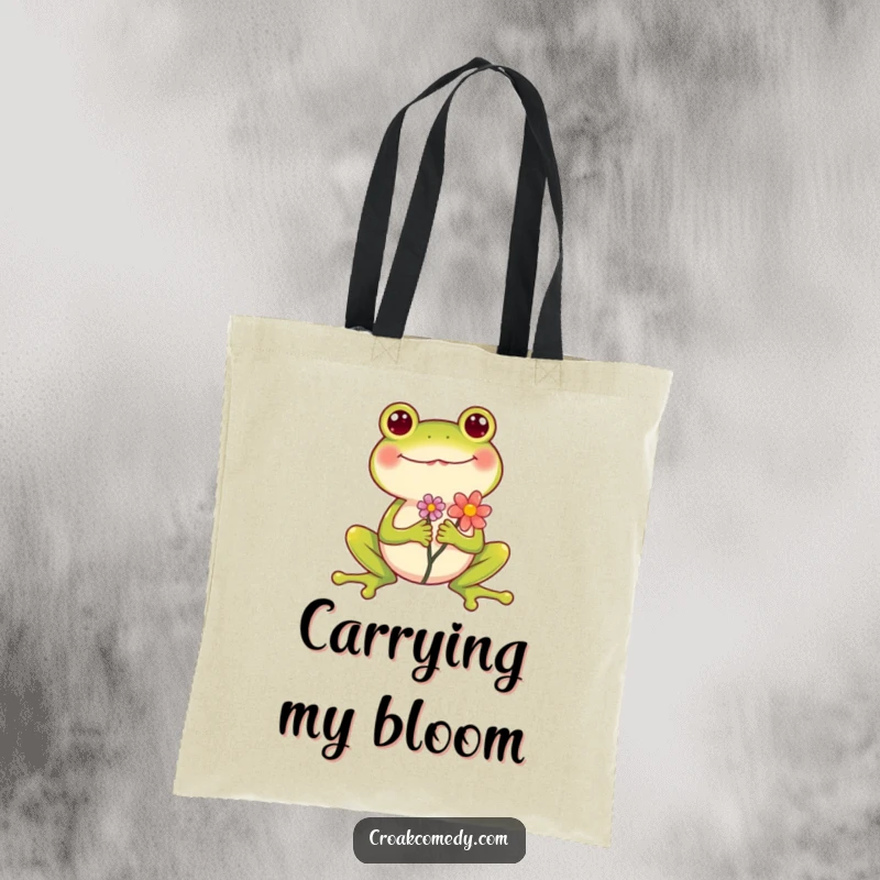 Funny Frog Tote Bag showcasing a cheerful frog holding a flower, legs spread wide in an ecstatic pose, a practical funny item.