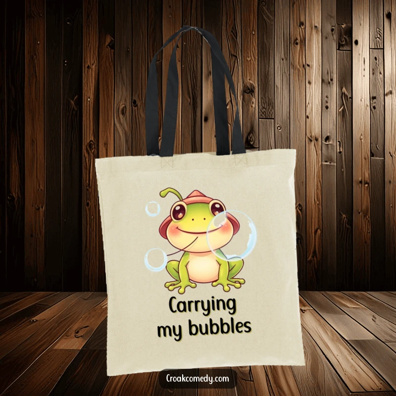 Funny frog tote bag, wearing a hat, blowing large bubbles, perfect for carrying essentials with a smile.