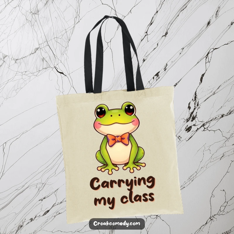 Funny, delighted frog wearing a small, colorful bow tie, featured on a stylish tote bag for shopping or daily use.
