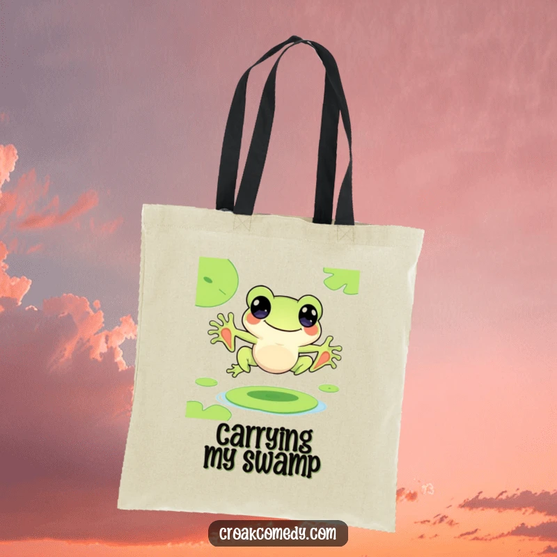 Funny tote bag featuring a cute frog character energetically leaping from lily pad to lily pad, perfect for carrying things.