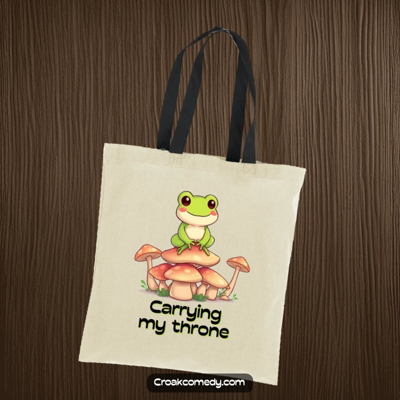 Funny Frog Tote Bag: A happy frog character balancing on a stack of mushrooms, a charming and functional accessory.