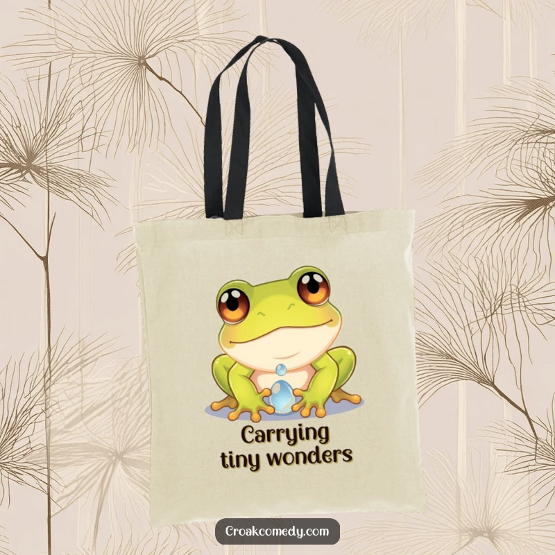 Funny frog tote bag featuring a curious frog with wide eyes examining a dewdroplet, perfect for carrying nature's marvels.