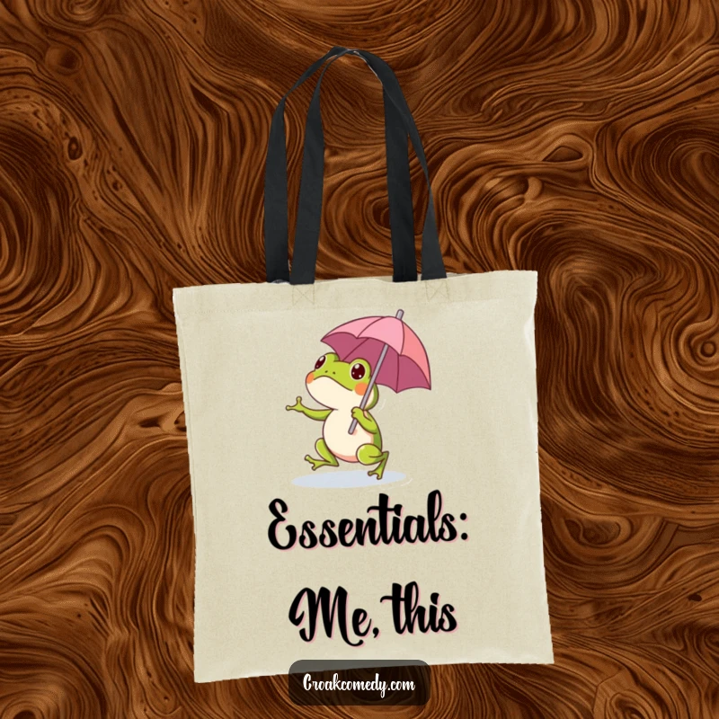 Funny frog character in mid-hop, holding a small umbrella, featured on a durable tote bag for a cheerful vibe.