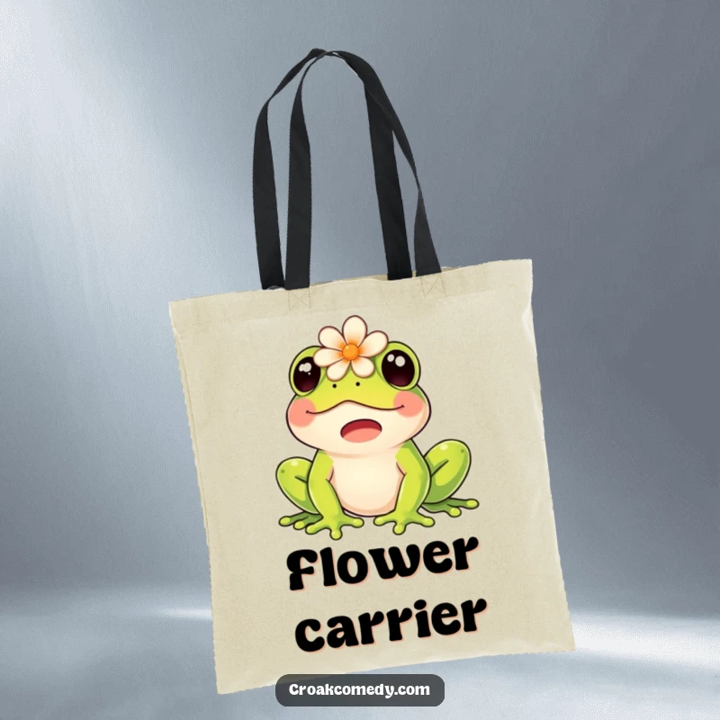 Funny tote bag depicting a happy frog with a flower on its head, joyfully croaking.