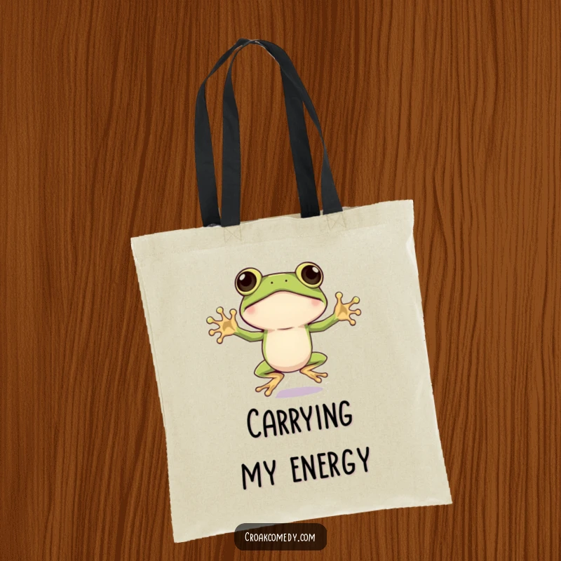 Funny Frog Tote Bag: An energetic frog with big eyes doing a jumping jack, functional and full of vibrant humor, a funny gift.