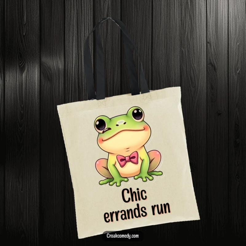 Funny Dapper Frog Tote Bag featuring a playful frog with a bow tie, winking coyly, stylish and humorous accessory.