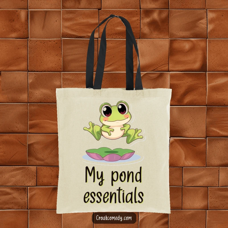 Funny Tote Bag featuring a cute frog with big eyes leaping over a lily pad, designed for stylish and humorous everyday carrying.