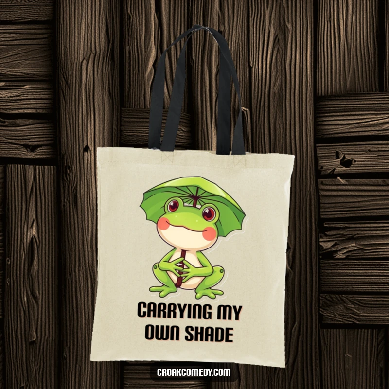 Funny frog tote bag, a happy frog holding a lily pad umbrella, a practical and humorous accessory for daily use.