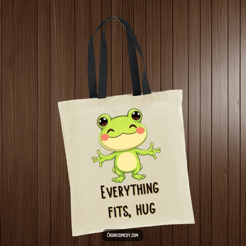 Funny Tote Bag with a jubilant frog character with arms outstretched, ready to offer a comforting hug.