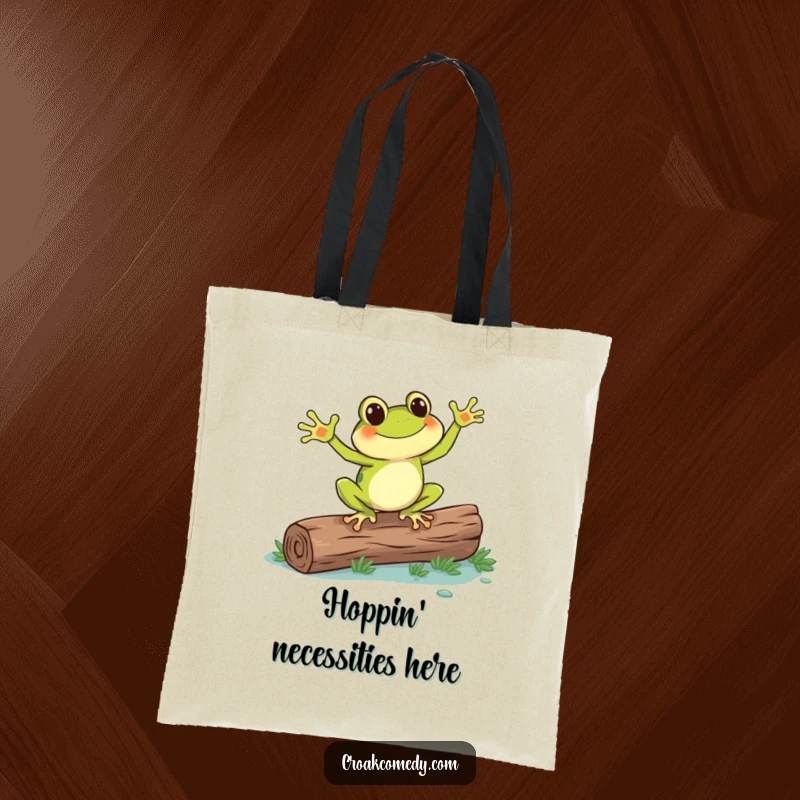 Funny frog artistically dancing on a log, a charming and humorous tote bag for carrying daily necessities with flair.