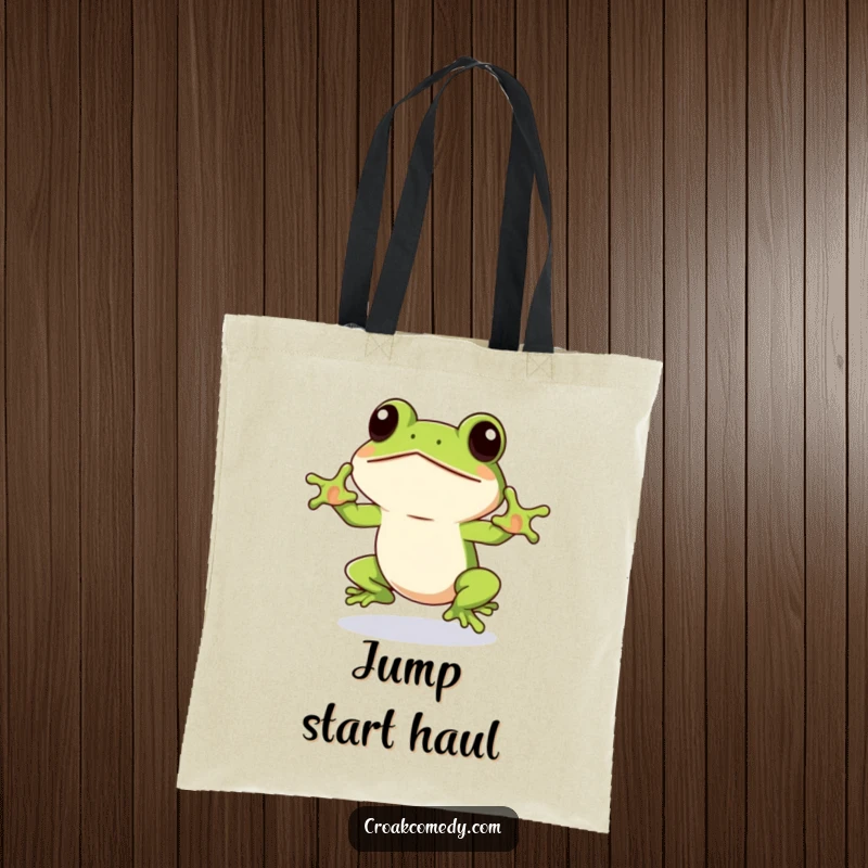 Funny Frog Tote Bag of an eager frog winking, prepared for a jump, offering a humorous and functional way to carry belongings.