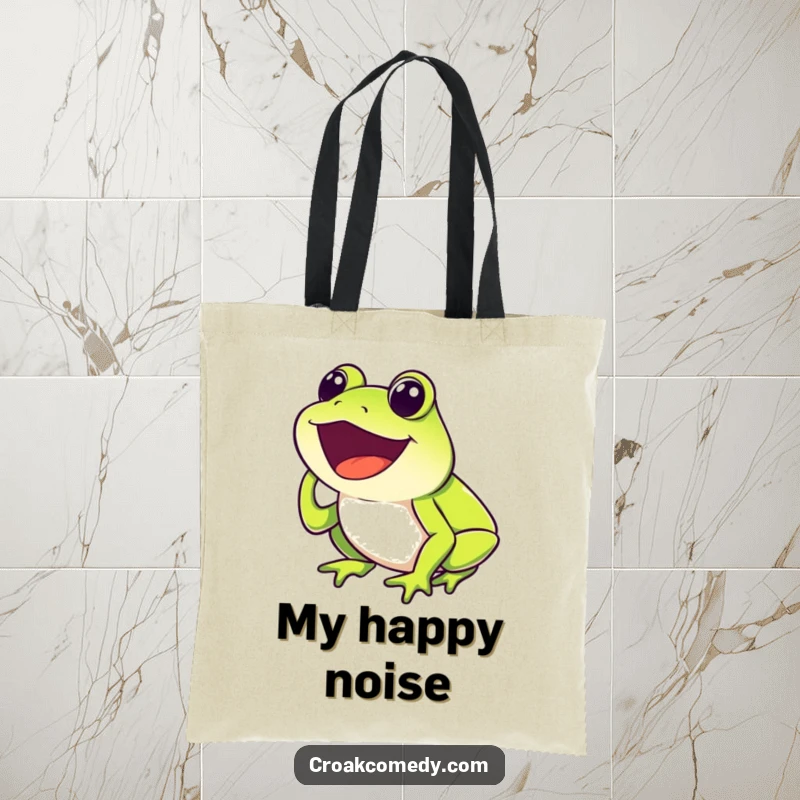 Funny Frog Tote Bag featuring a happy frog with mouth open, croaking joyfully, ideal for carrying humor.