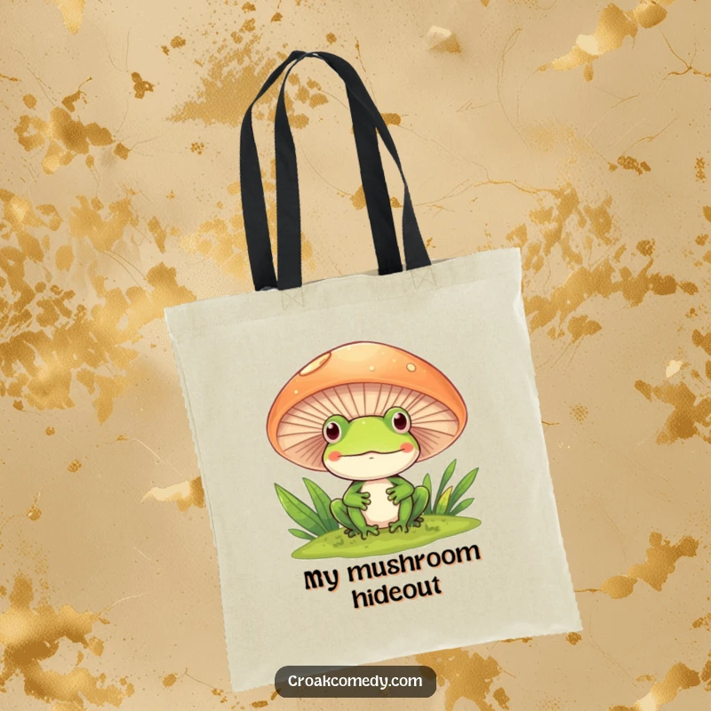 Funny Frog Tote Bag showing a frog smiling and peeking from behind a mushroom, great for nature lovers.